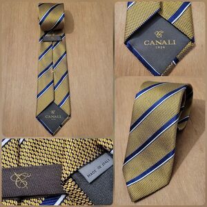 CANALI 1934 Yellow & Blue Striped Silk Tie Made In Italy